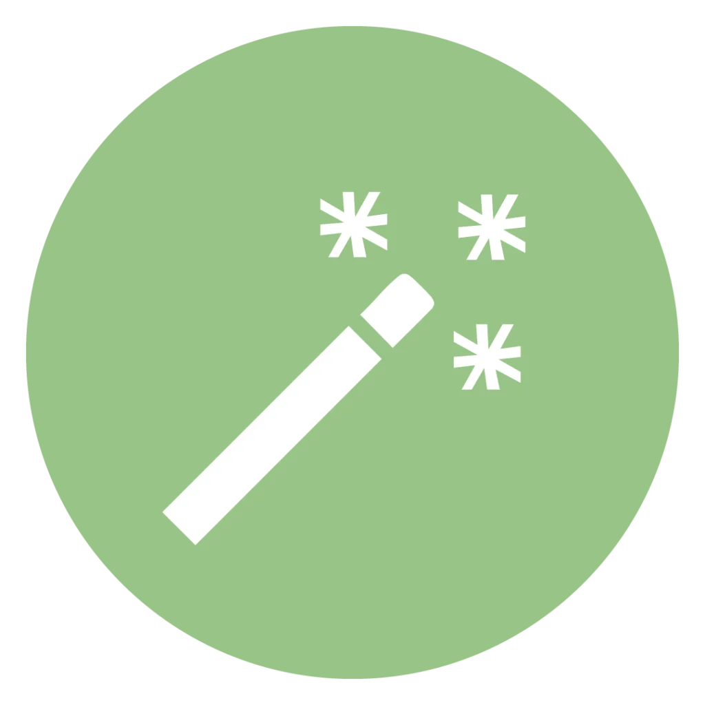 Weißes Icon eines Zauberstabs auf grünem Kreis zur Darstellung der MINGLECONTROL Softwarefunktion "Schnelle Implementierung"