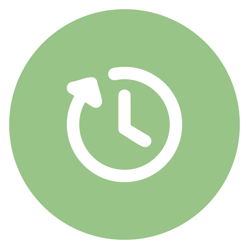 Weißes Icon einer ablaufenden Uhr auf grünem Kreis zur Darstellung der schnellen Implementierung von MINGLECONTROL