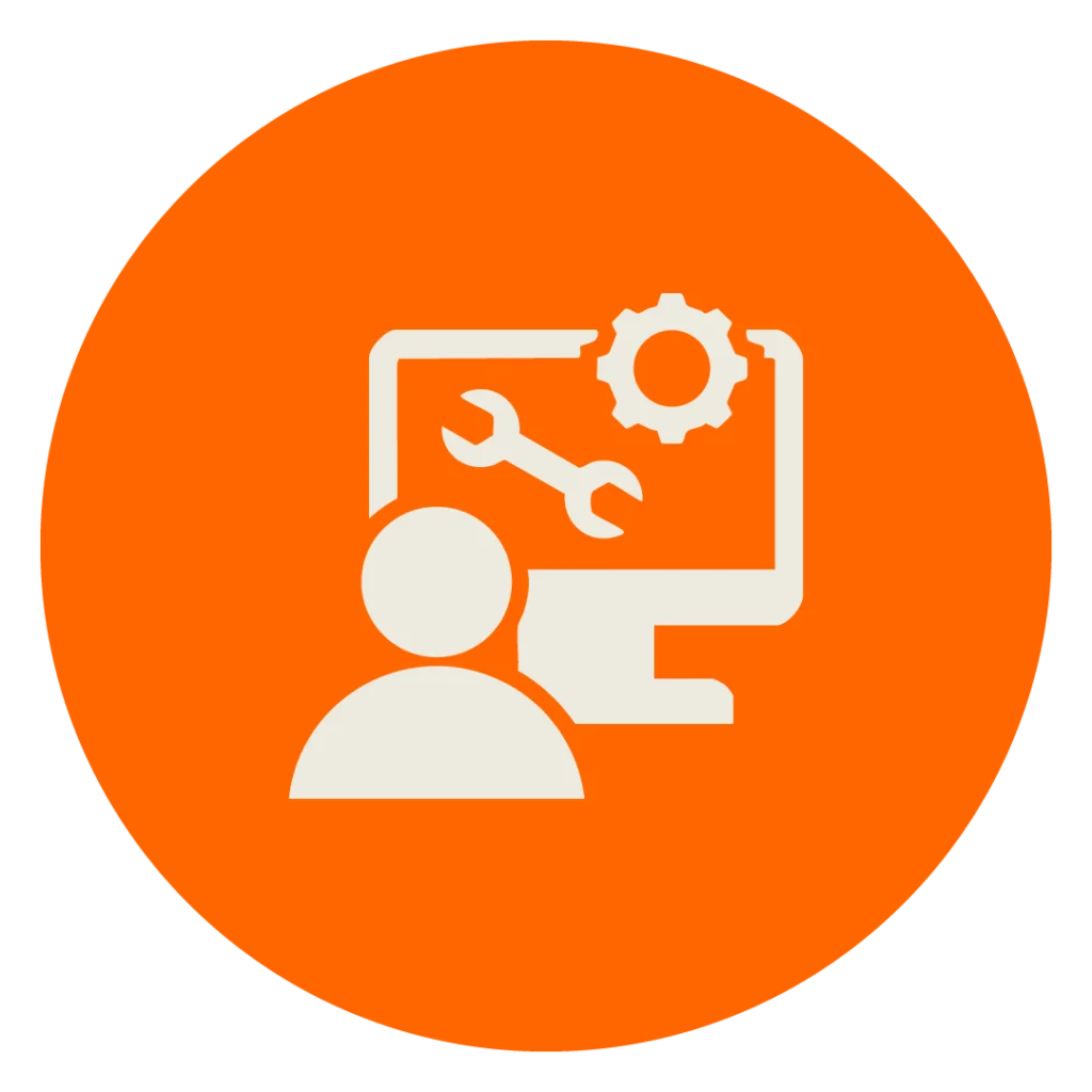 Beiges Icon eines Männchens vor einem Bildschirmmonitor mit Werkzeug auf orangenem Kreis zur Darstellung des technischen Supports für MINGLECONTROL