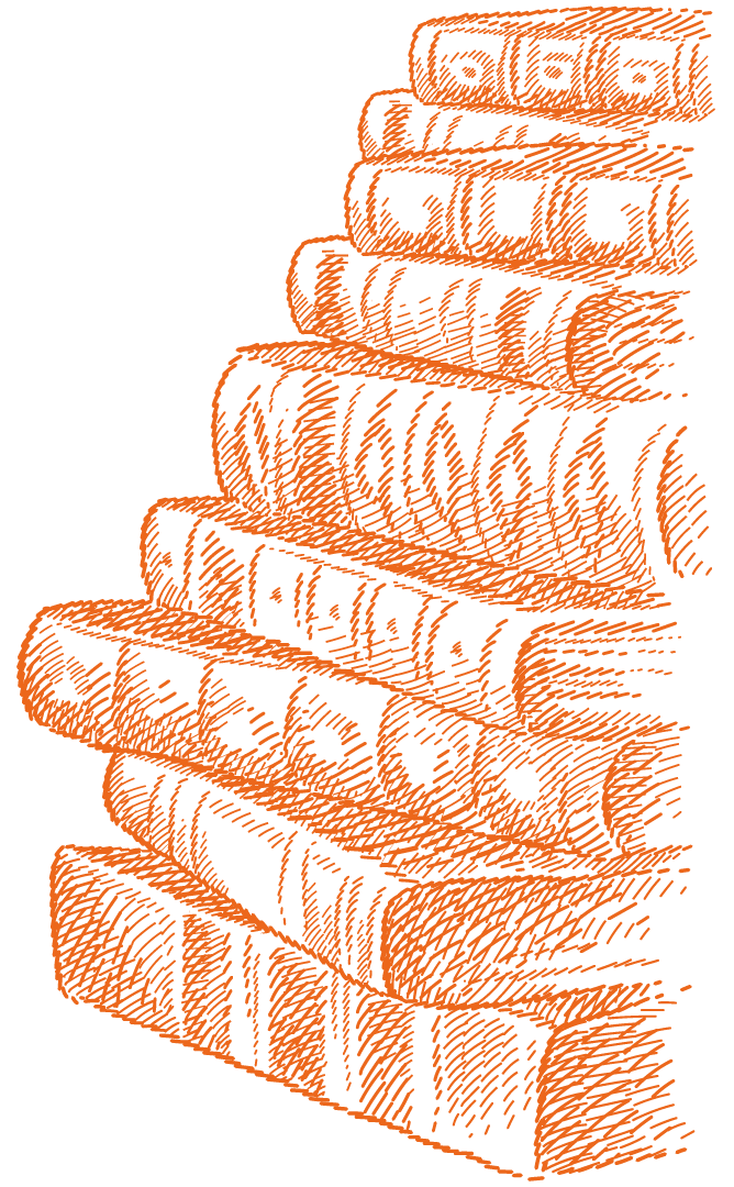 Zu sehen ist ein Kupferstich / eine Strichzeichnung eines Bücherstapels mit neun Büchern. Dieser ist auf dem Presse-Bereich der MINGLECONTROL-Website integriert. Der Kupferstich ist orange.