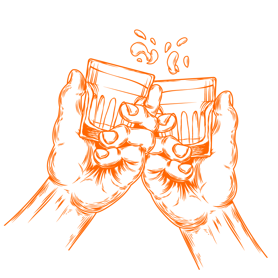 Zu sehen ist ein Kupferstich / eine Strichzeichnung von zwei Händen (mit etwas Arm), die jeweils ein Glas in der Hand halten und mit diesem anstoßen. Der Kupferstich ist orange.