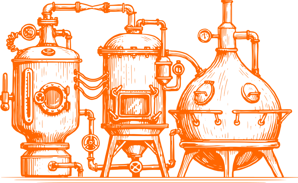 Alte Brauanlage mit mehreren Tanks und Rohrleitungen, orange Kupferstich