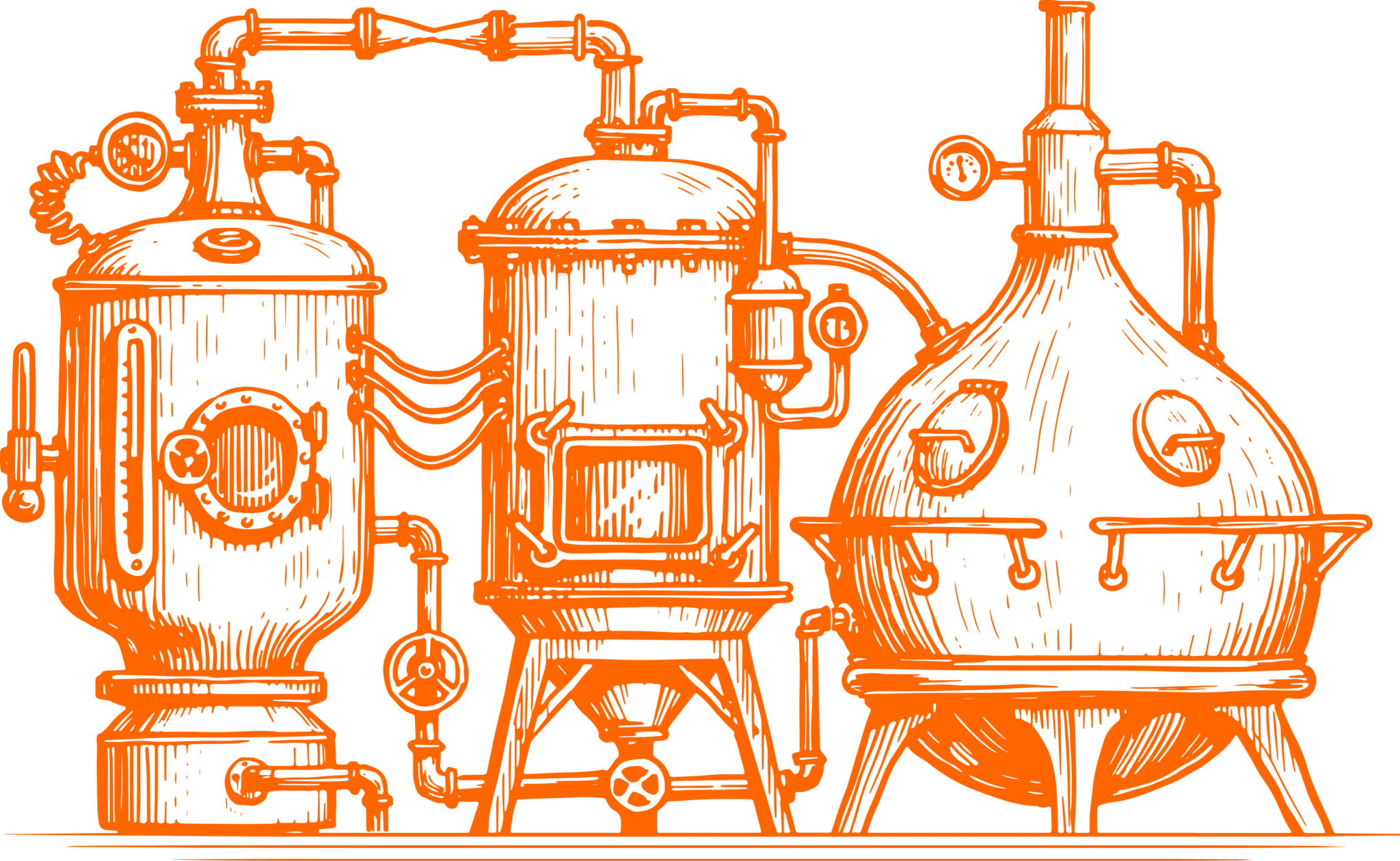 Alte Brauanlage mit mehreren Tanks und Rohrleitungen, orange Kupferstich