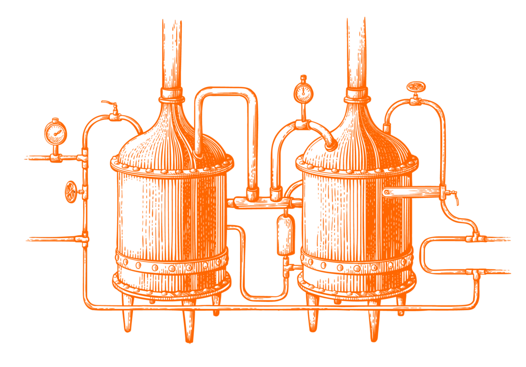 Zwei alte Braukessel mit Rohrsystemen, Kupferstich Illustration in orange