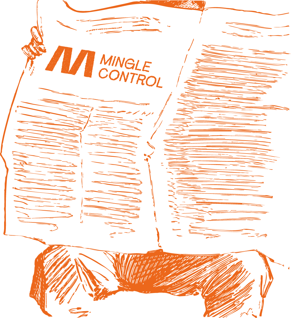 Das Bild zeigt einen Mann als Strichzeichnung / Kupferstich, der eine Zeitung liest, auf der MINGLECONTROL steht. Die gesammte Strichzeichnung ist orange.