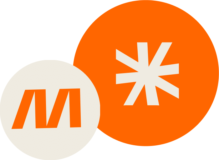 MINGLECONTROL Sticker mit Stern-Signet im orangen Kreis und oranges M-Logo in beigem Kreis