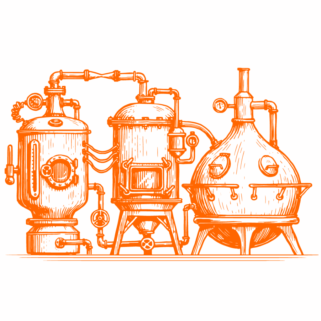 Alte Brauanlage mit mehreren Tanks und Rohrleitungen, orange Kupferstich