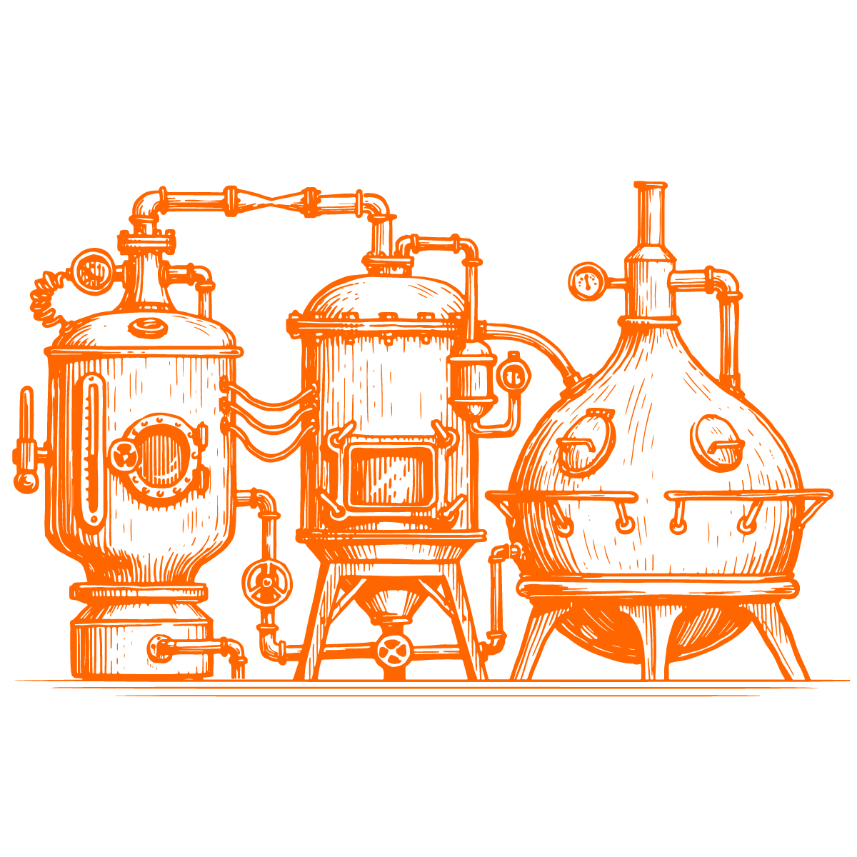 Alte Brauanlage mit mehreren Tanks und Rohrleitungen, orange Kupferstich