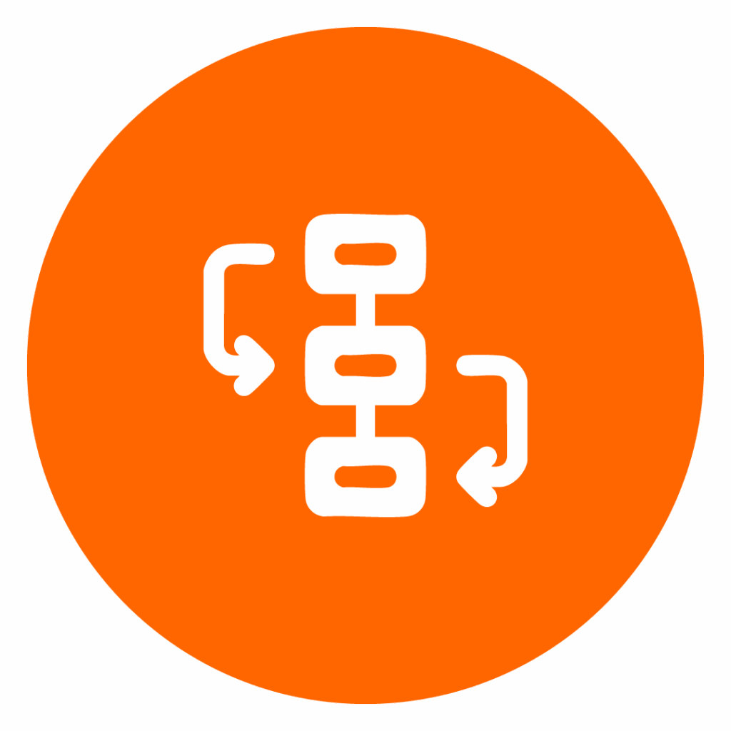 Beiges Icon eines Prozesses auf orangem Kreis zur Darstellung der herstellerunabhängigen Prozesssteuerung.