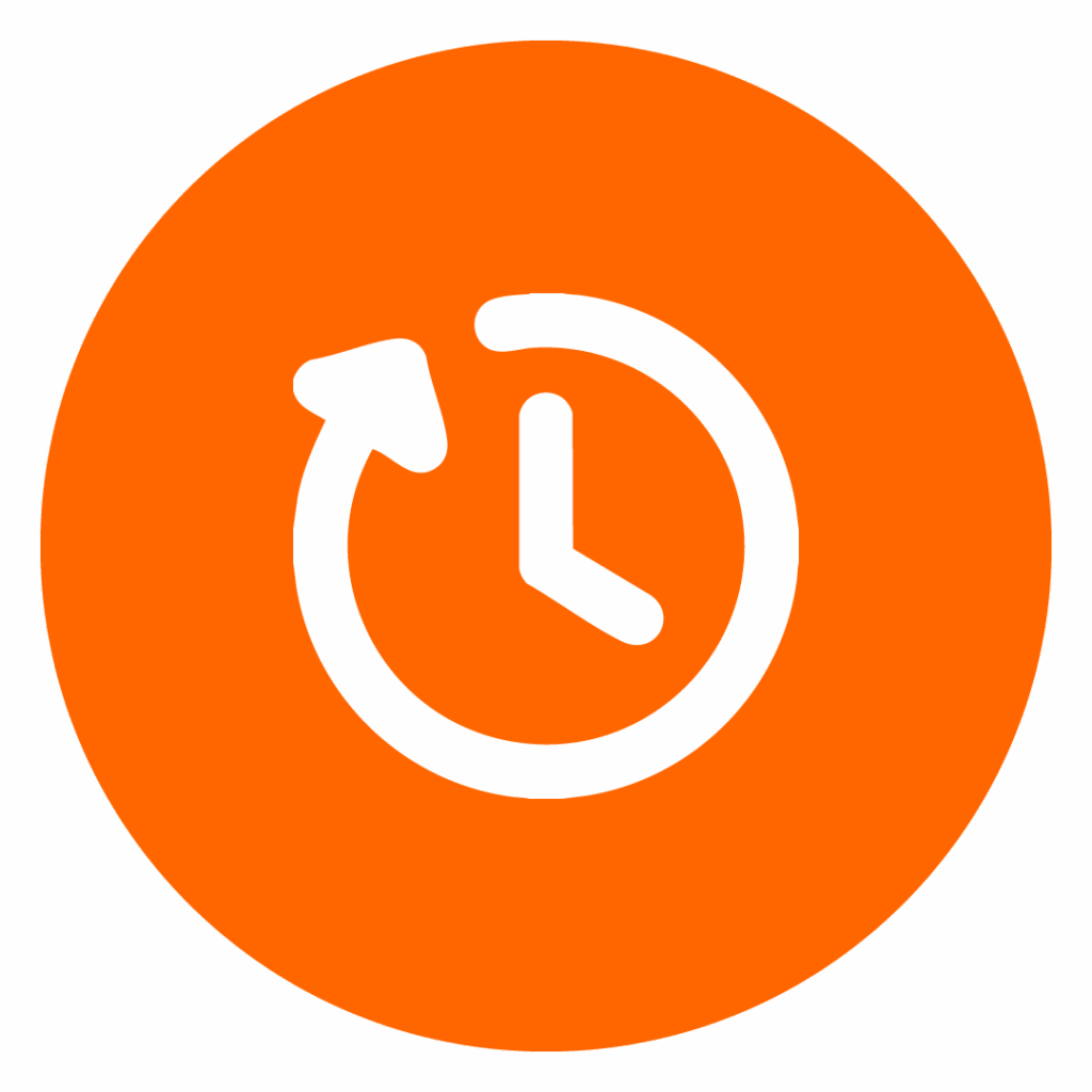 Beiges Icon einer Uhr auf orangem Kreis zur Darstellung der schnellen Implementierung.