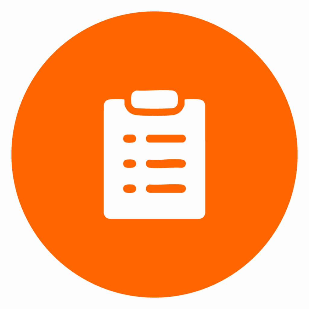 Beiges Icon einer Liste auf orangem Kreis zur Darstellung der Planbarkeit der Neuanlage.