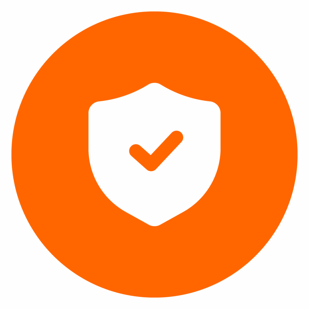 Beiges Icon mit einem Sicherheitszeichen auf orangem Kreis zur Darstellung der zukunftssicheren Automation.